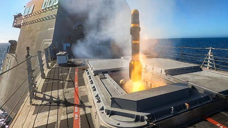 A Longbow Hellfire missile is launched from the USS Montgomery