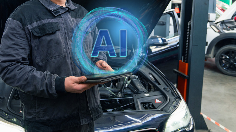 A depiction of a mechanic using AI working on a car