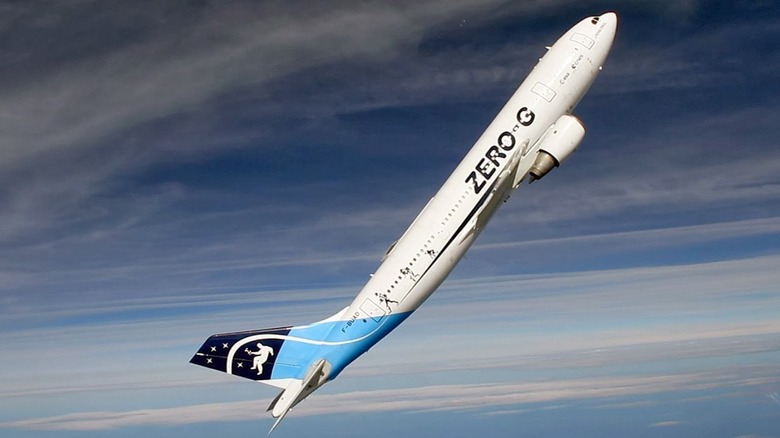 An Air Zero-G Airbus Airplane angled sharply upwards against the sky