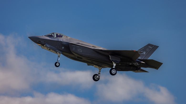A F-35 Lightning II stealth fighter jet captured in mid-flight
