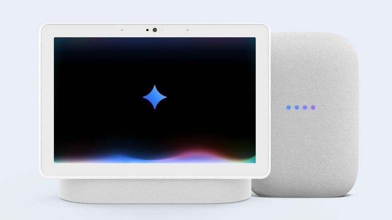 Google Nest Hub display and Nest Audio with Gemini logo
