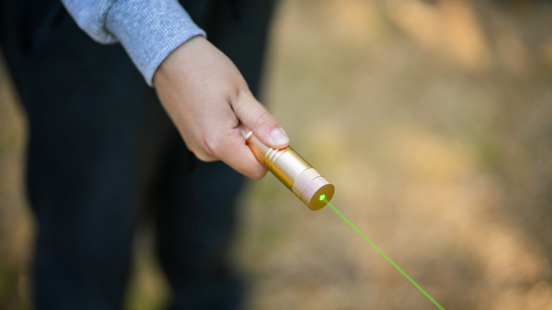 Person holding green laser pointer.
