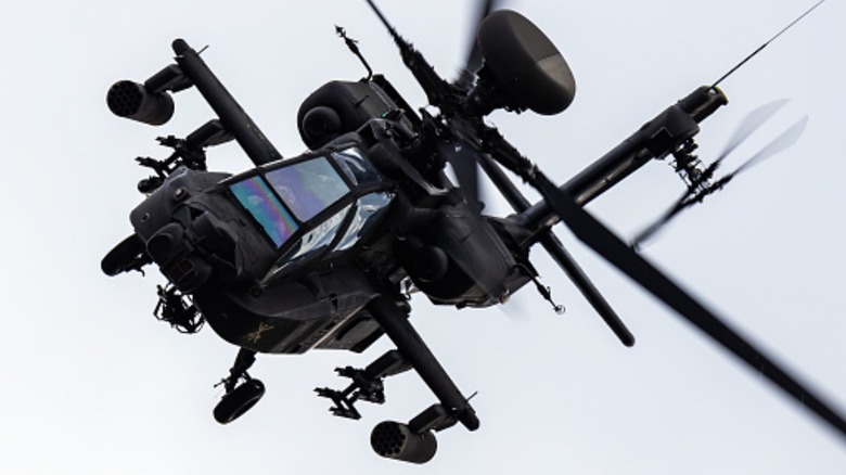 A U.S. Army Boeing AH-64 Apache Longbow attack helicopter in flight.