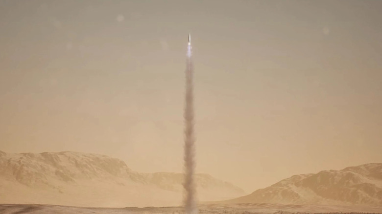 An artist's rendering of the Mars Ascent Vehicle lifting off Mars.
