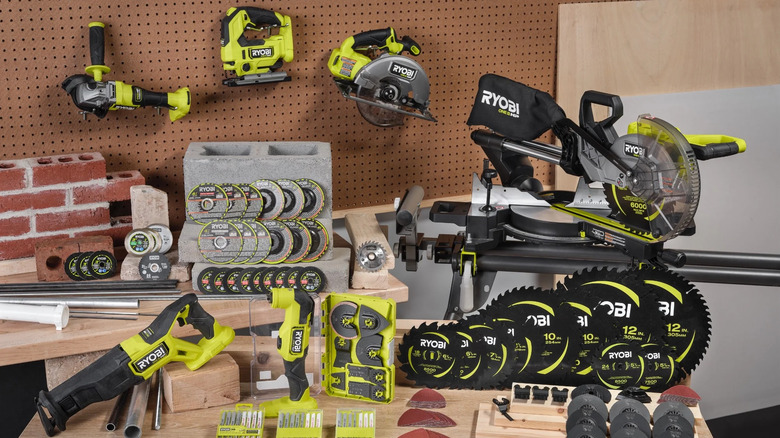 A display of Ryobi cutting tools and blades.