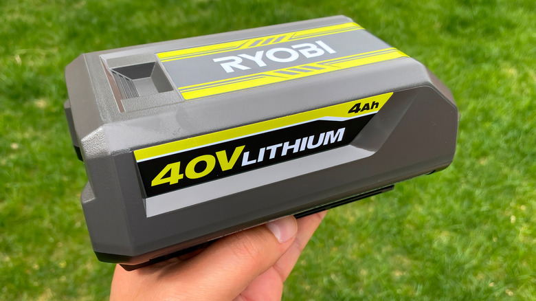 A top side view of a rechargeable Ryobi 40V 4.0 Ah Lithium-Ion Battery.