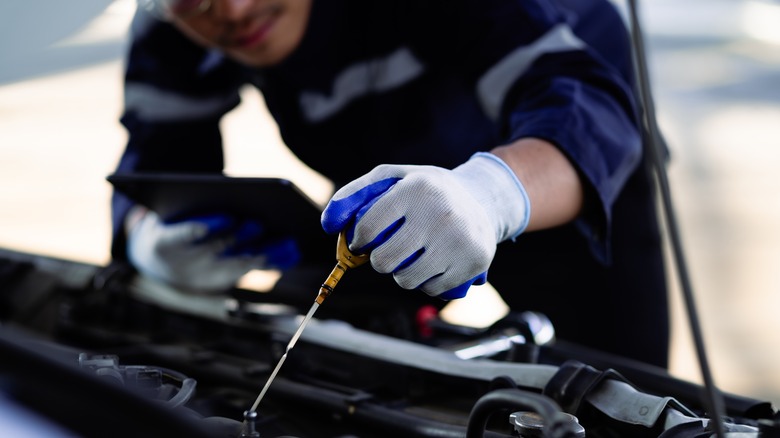 Mechanic looking at oil levels