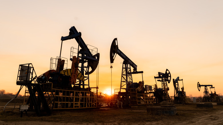 Oil pumps with sunset in background
