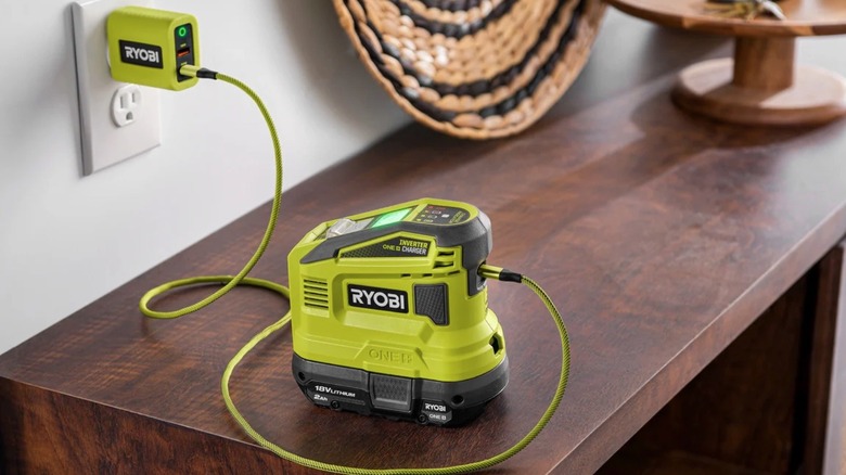 Ryobi 18V battery pack charging via USB-C connection