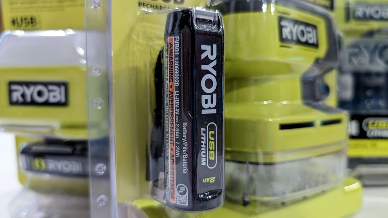 Close-up of Ryobi USB Lithium battery in packaging