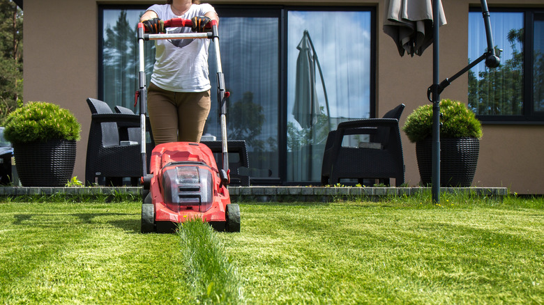 Woman mowing a strip of long grass on lawn