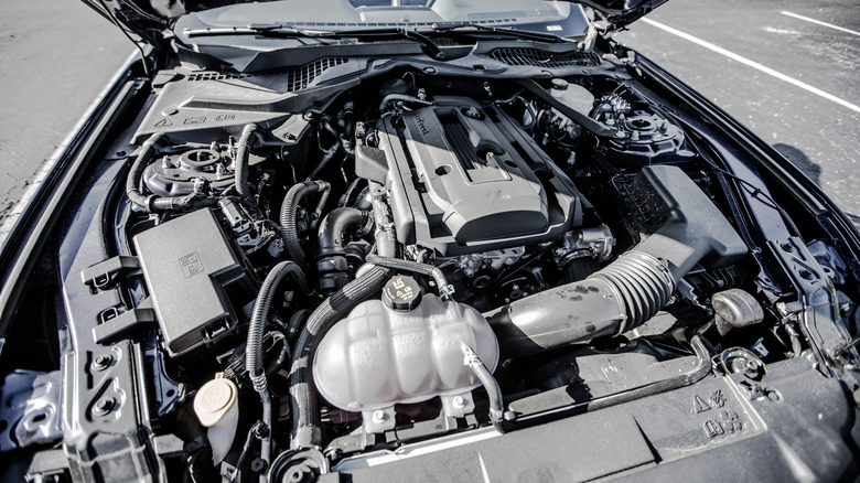 Engine bay of Ford EcoBoost Mustang