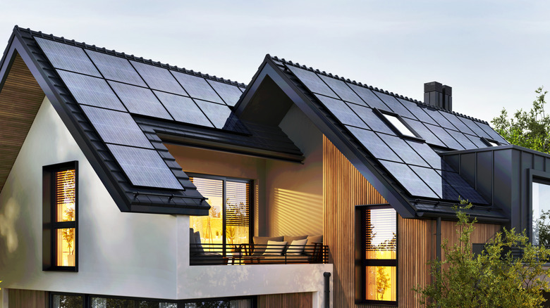Solar panels on the roof of a modern house