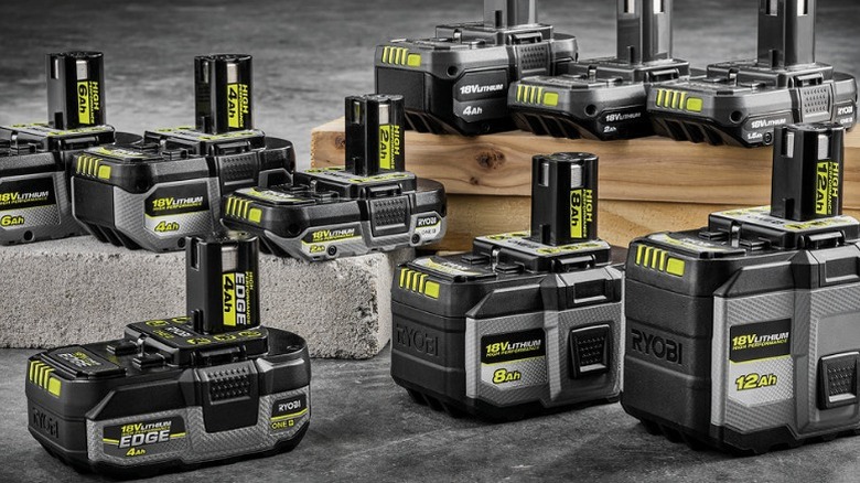 Ryobi batteries displayed on concrete