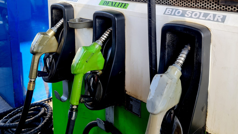 Diesel and biodiesel pumps at a gas station up close
