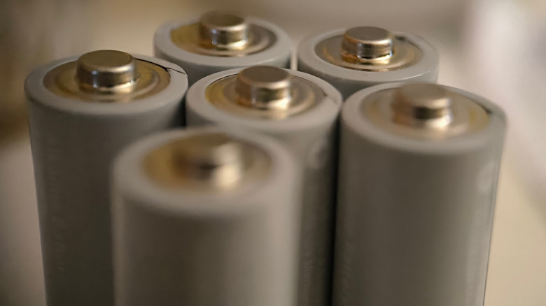 A close-up of six bundled AA alkaline batteries.