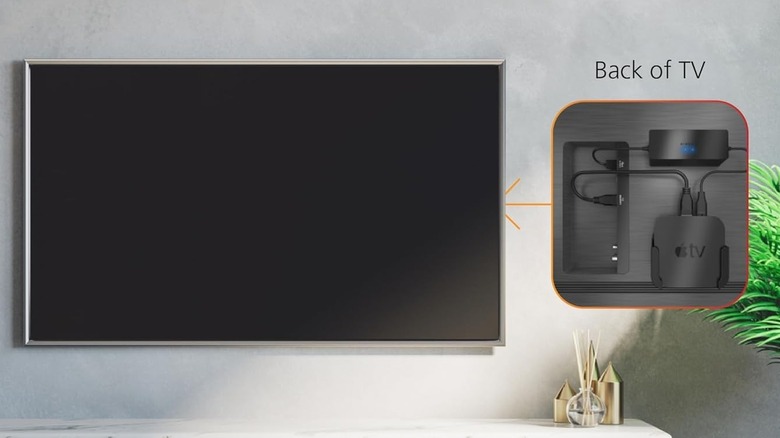 Blank TV with graphics showing Apple TV connected to TV USB port and USB power cable