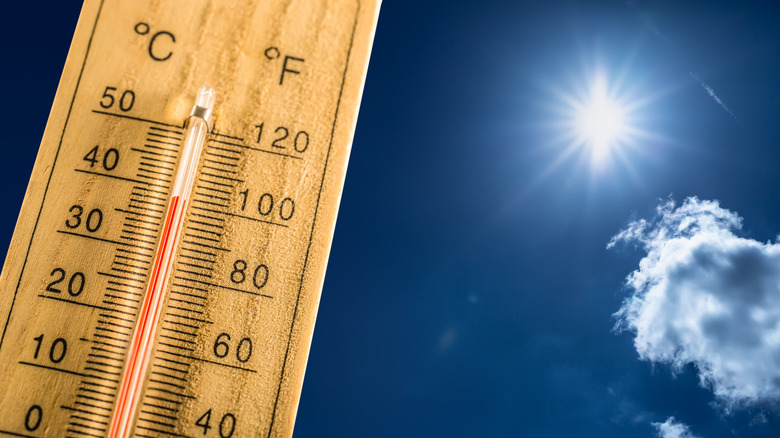 Outdoor Thermometer Showing Temperatures Rising Above 100 Degrees Fahrenheit In The Sun
