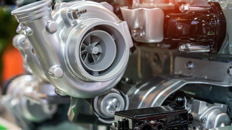 A turbocharger on an engine
