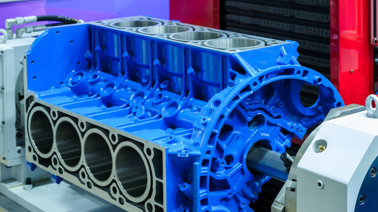 An engine block on a repair stand