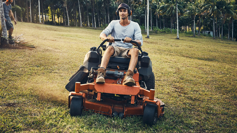 Portrait of a happy landscaper on a ride-on lawnmower