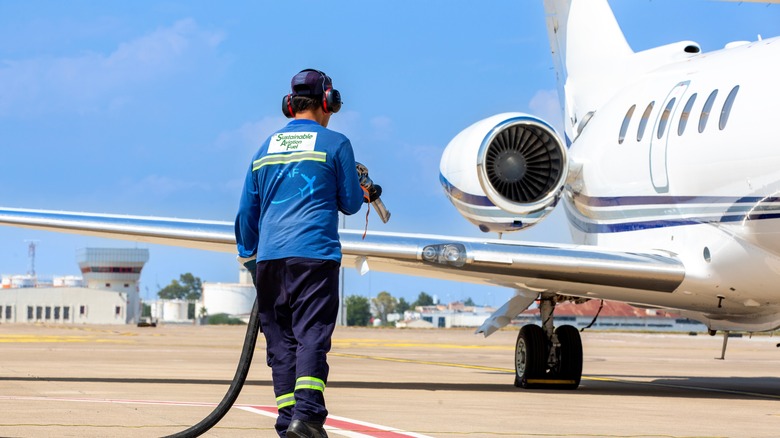 A jet getting more fuel at a private airport.