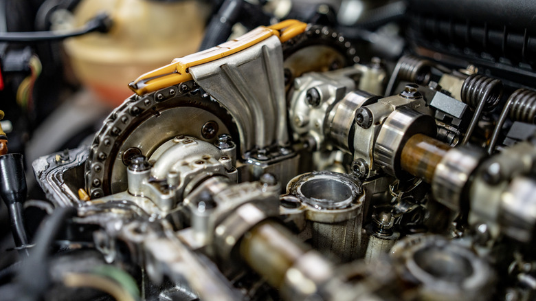Detail view of camshaft and timing components of car engine with valve and timing cover removed