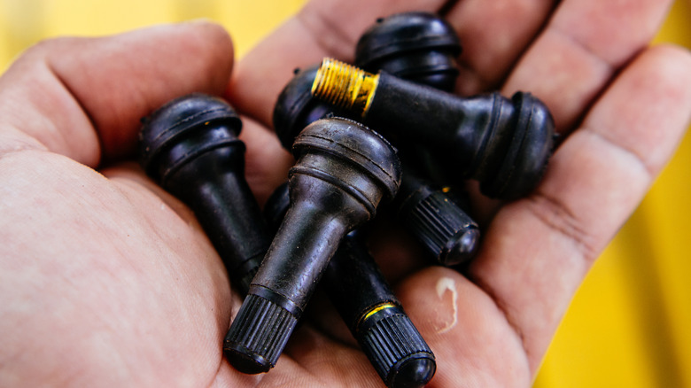 Mechanic holding tire valve stems