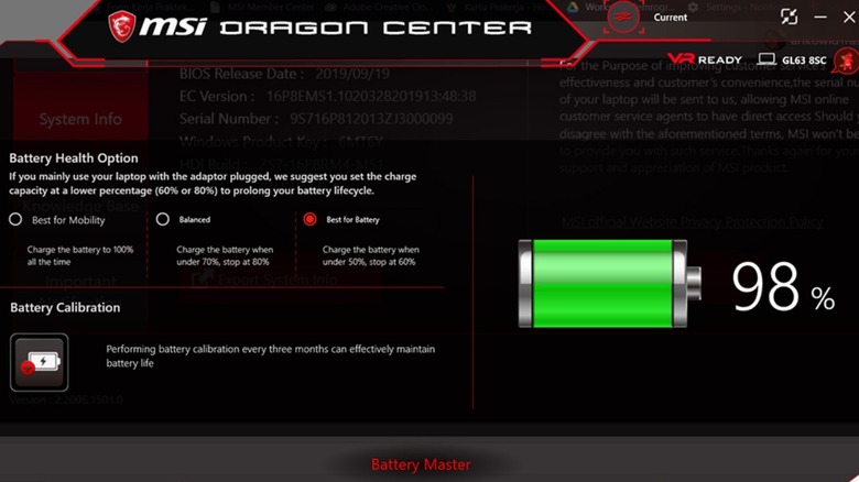 MSI Dragon center settings for laptop