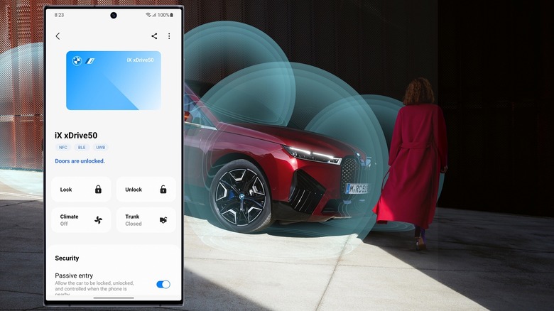 Composite image showing the BMW Digital Key Plus app on a smartphone and a red BMW iX in the background