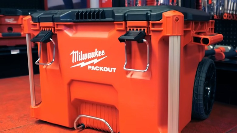A Milwaukee Packout container in a workshop.