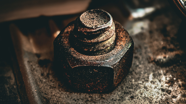 A rusted nut secured to a screw.