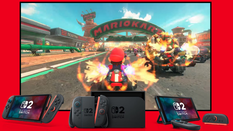 Nintendo Switch 2 console with Mario Kart displayed on scren