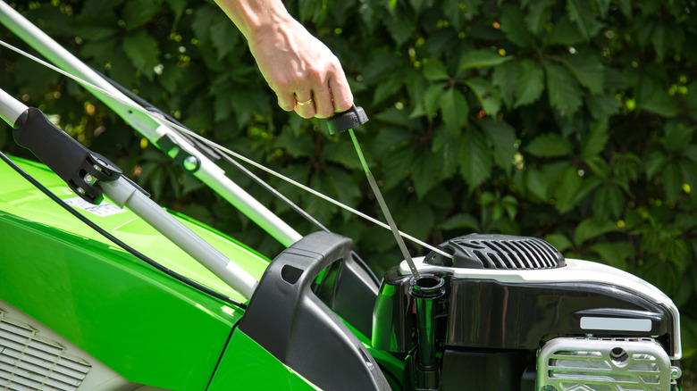Checking the oil on a green lawn mower
