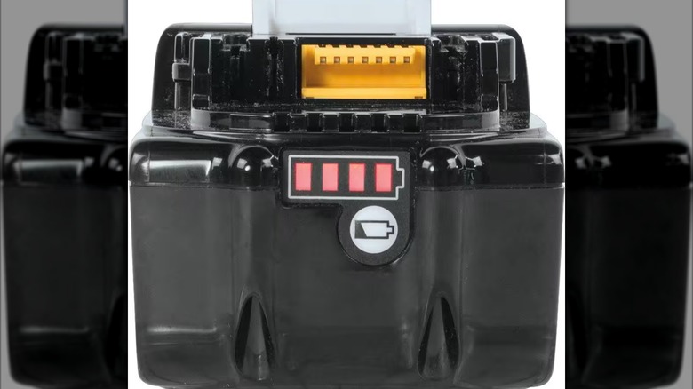 The power indicator on the front of a Makita 18V battery pack