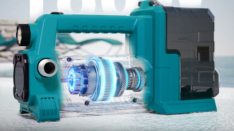 A blue Mellif water pump shown sitting atop a ripping layer of water