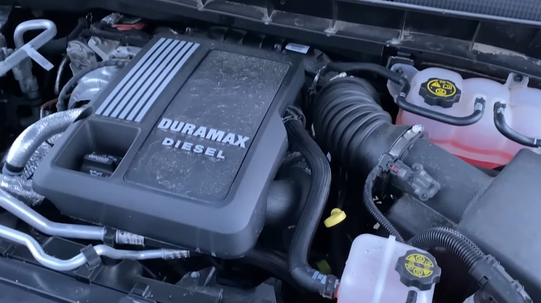 Close up view of a  Duramax diesel LZ0 engine bay