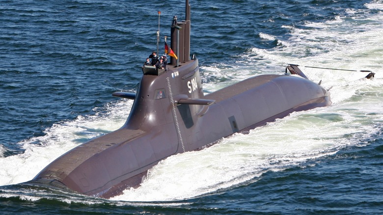 Aerial view of the Class 212A submarine (U 34) underway.