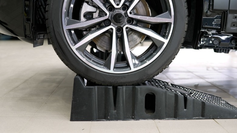 A closeup image of a car on plastic ramps