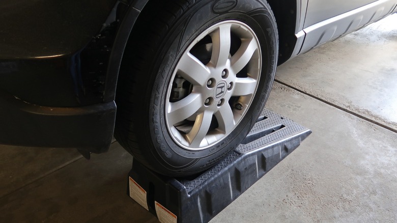 An image of a car on plastic ramps