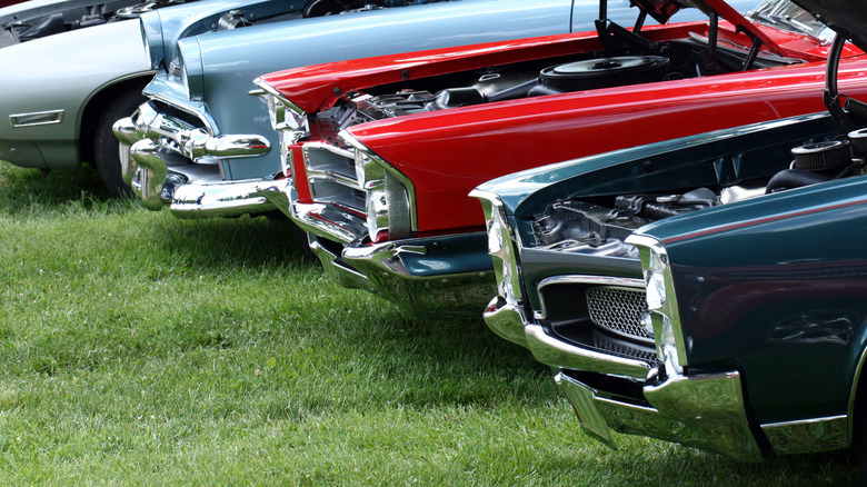 Colorful American classic muscle cars parked next to each other on a lawn.