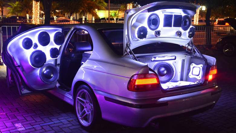 Car modified with lights and speakers