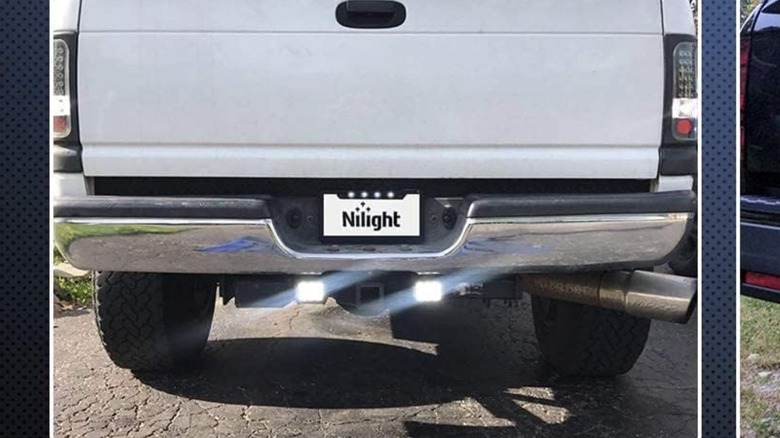 A white truck with a Nilight hitch light system installed