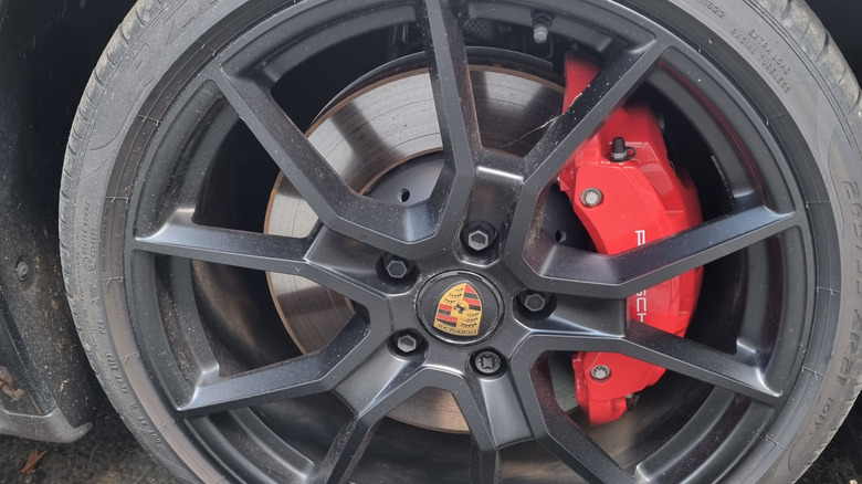 A wheel with red calipers