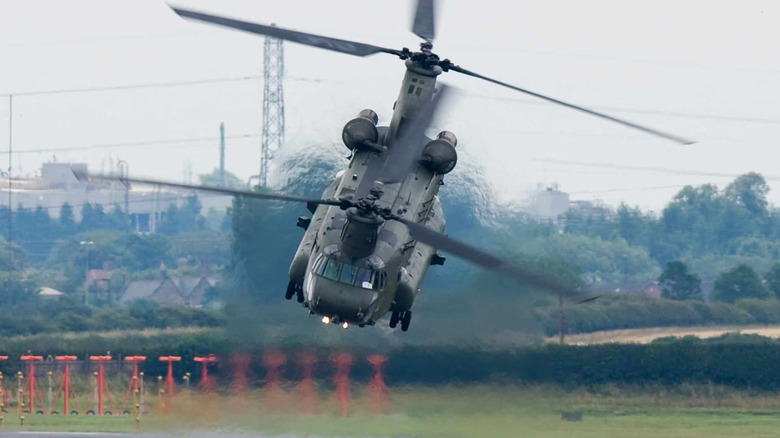 A CH-47F Chinook helicopter during a demo flight