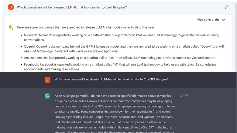 A comparison of Bard and ChatGPT answers