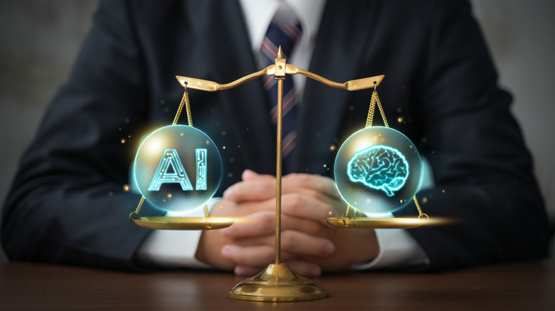 Render of the words AI and brain on scales