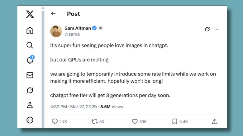 Screenshot of a tweet from Sam Altman dated 27 March that reads "it's super fun seeing people love images in chatgpt.  but our GPUs are melting. we are going to temporarily introduce some rate limits while we work on making it more efficient. hopefully won't be long! chatgpt free tier will get 3 generations per day soon." Altman's profile image is an AI-generated picture of himself in the style of Studio Ghibli.