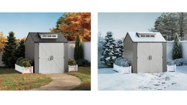 Ad illustrating Rubbermaid shed all-weather performance