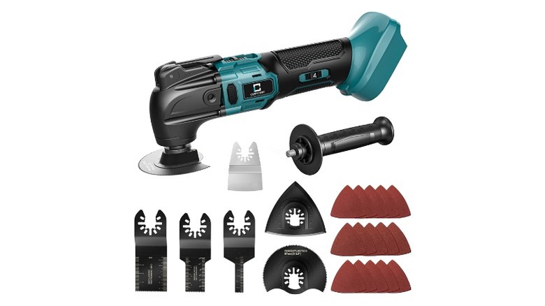 Teal and black oscillating tool with sanding paper and other accessories